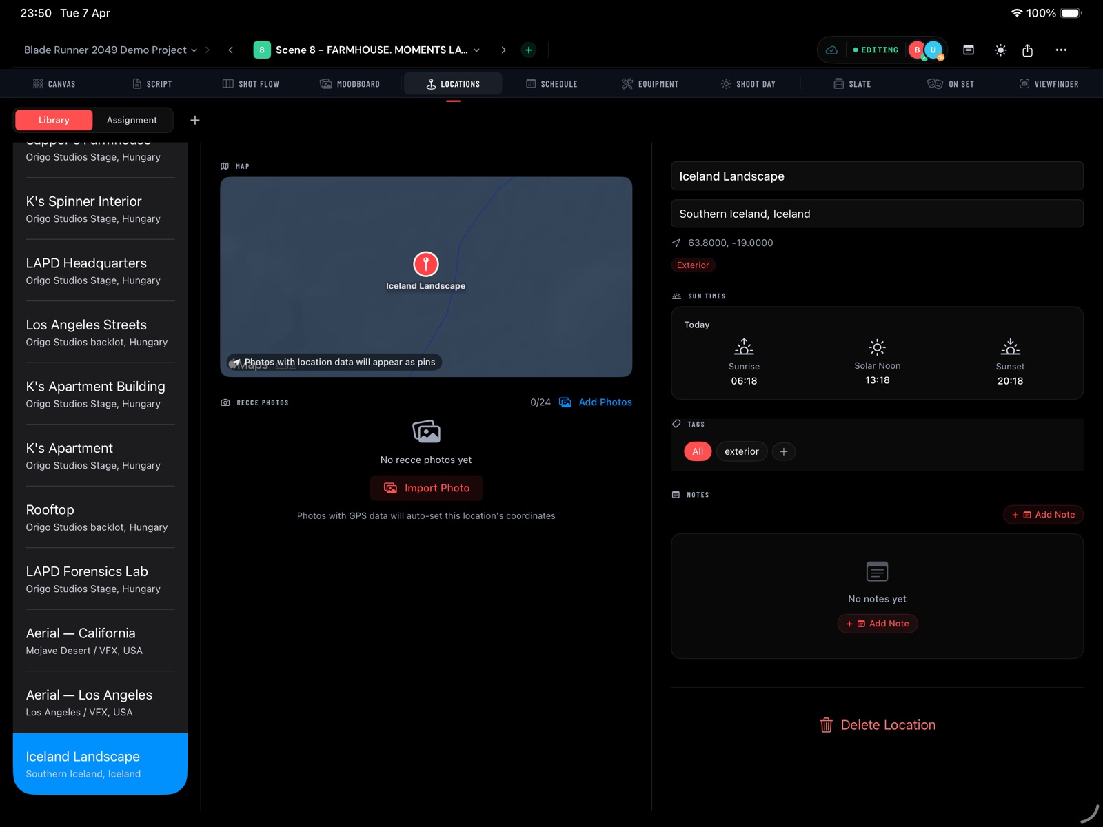 Locations view with photos, map pins, and sun times
