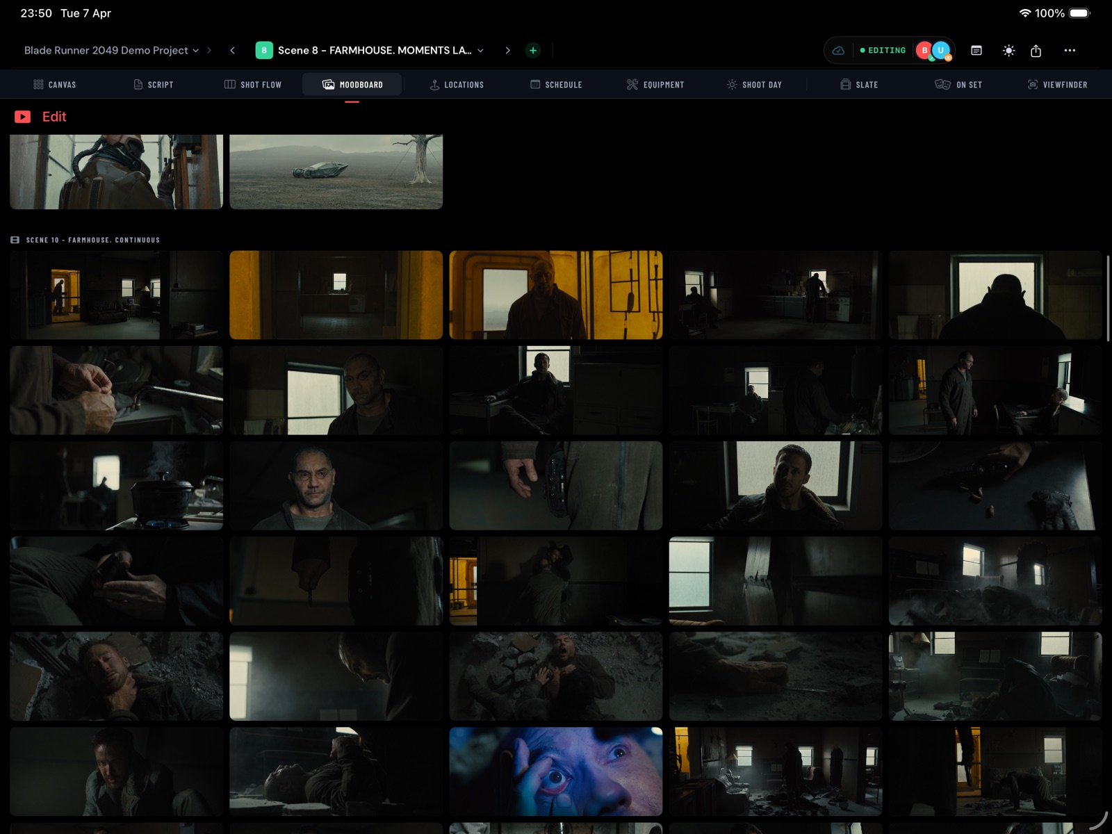 Moodboard view with reference images grouped by scene