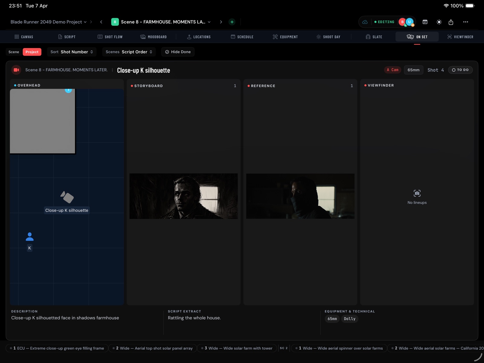 On Set view showing shot details with floor plan, storyboard, references, and viewfinder