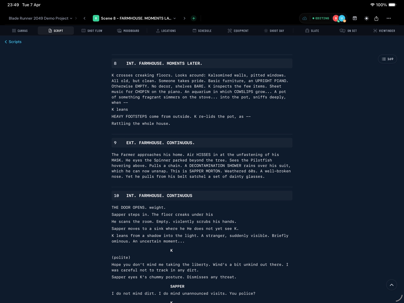 Script view with scenes and dialogue