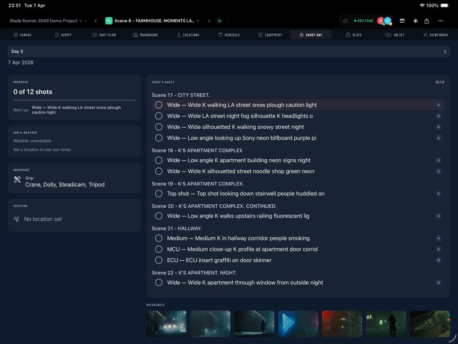 Shoot Day view with daily shot checklist and progress