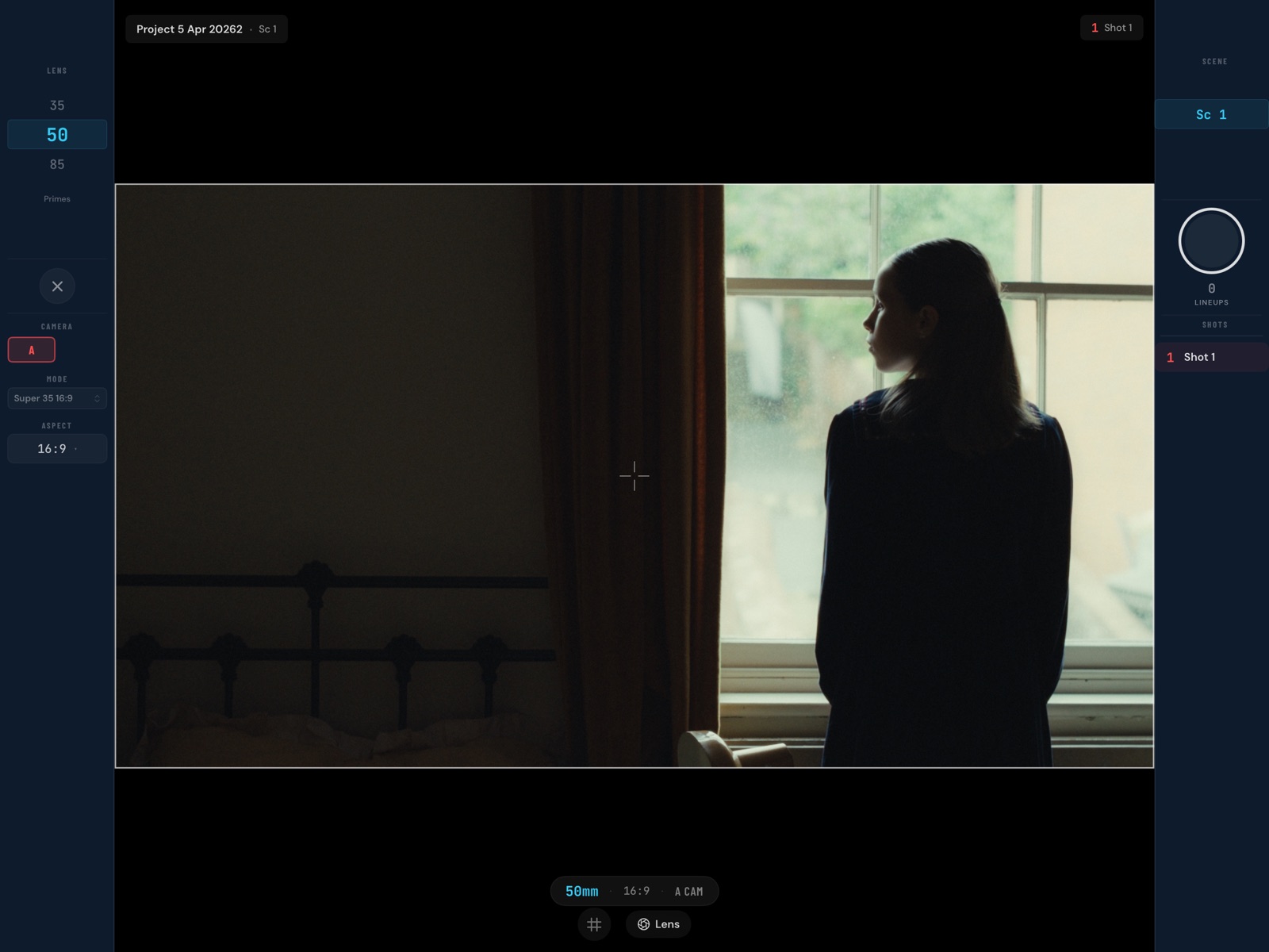 Viewfinder showing a reference image with lens focal length, aspect ratio, and sensor overlays