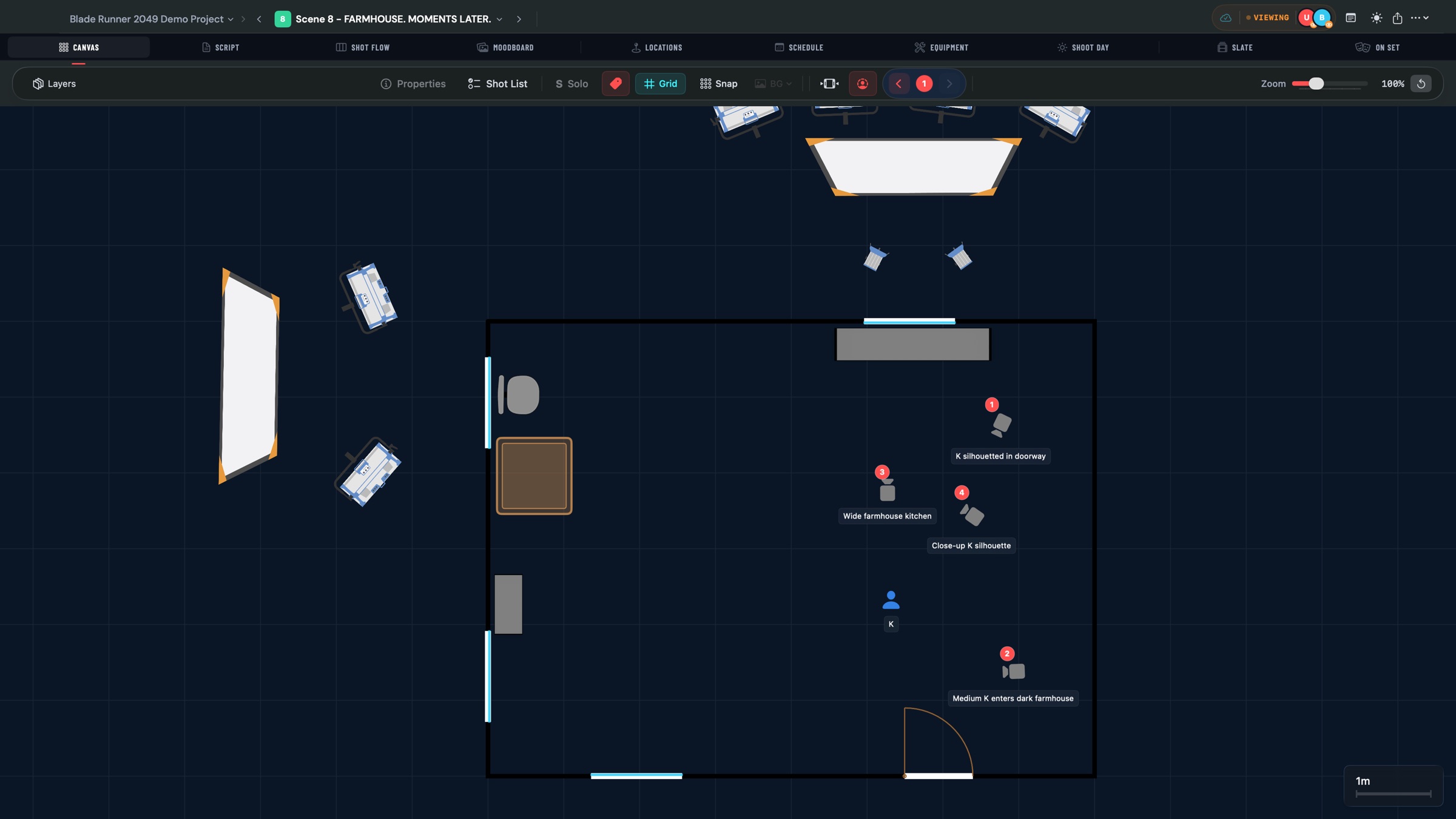 Overhead floor plan with cameras, actors, lights, equipment, and the sidebar showing shot details