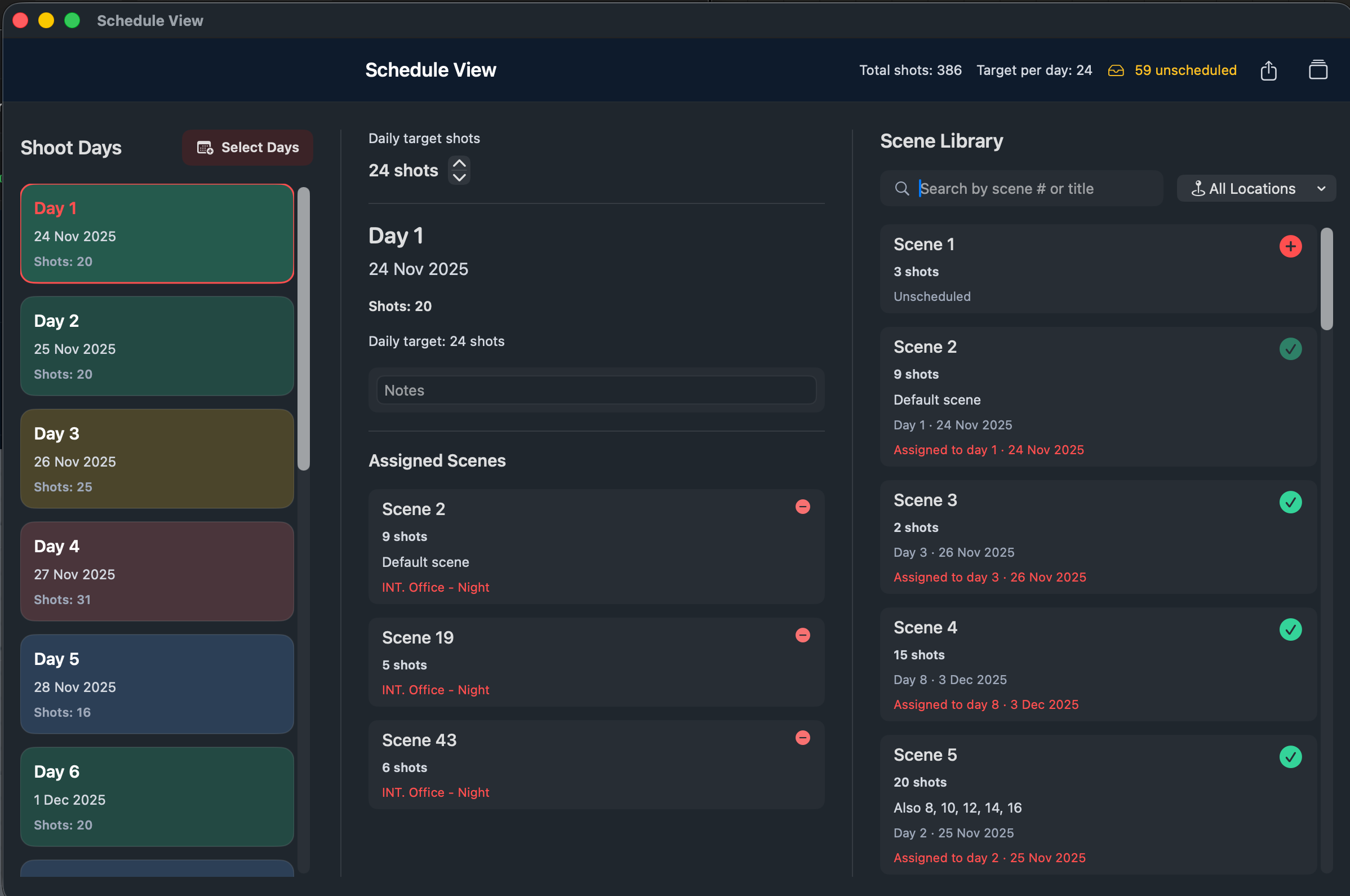 Schedule view with shoot days, scene assignments, and daily shot targets