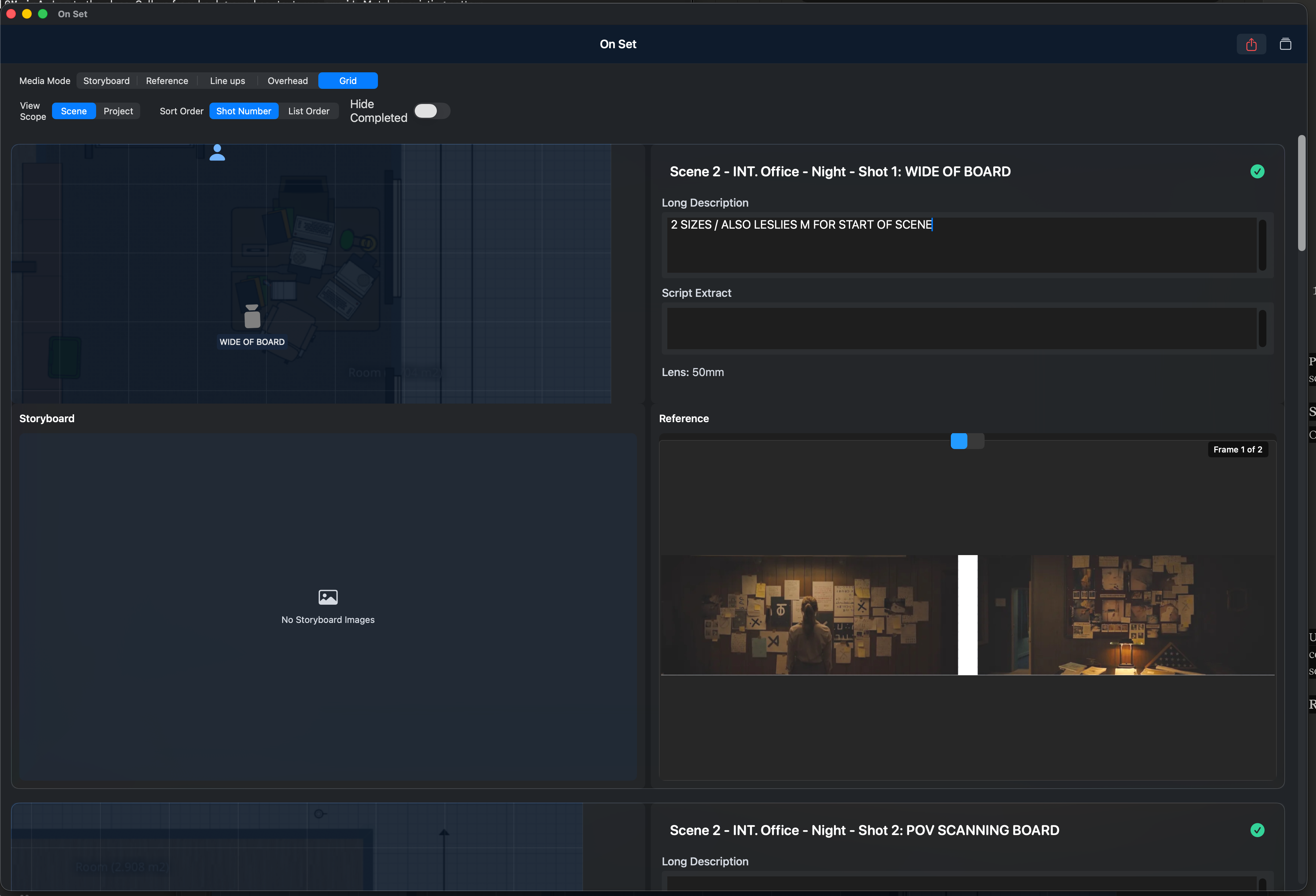 On Set view showing shot details with floor plan, references, and completion tracking